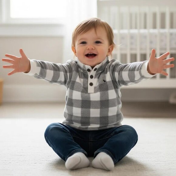 Carter's Gray White Soft Buffalo Check Fleece Sherpa Pullover Top Size 24 Months - Picture 6 of 6